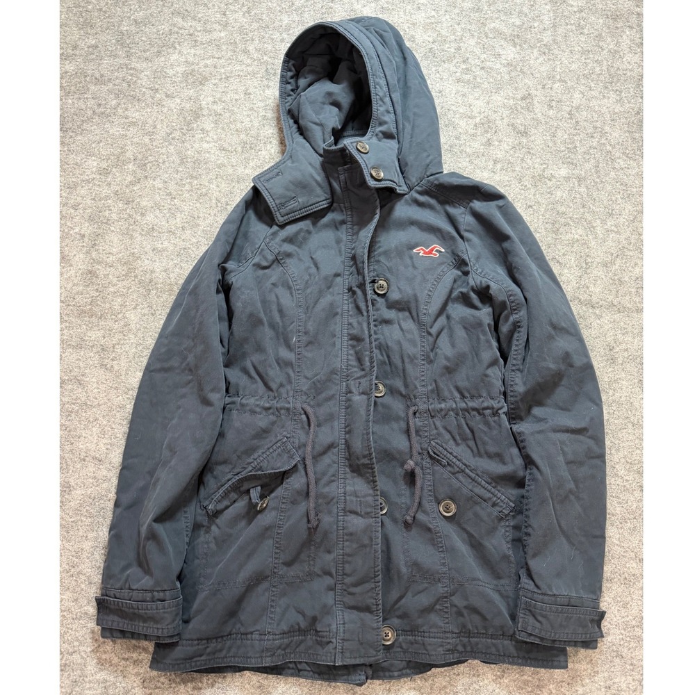 Vintage Y2K Hollister Navy Blue Hooded Utility Parka Jacket XS Lining Drawstring